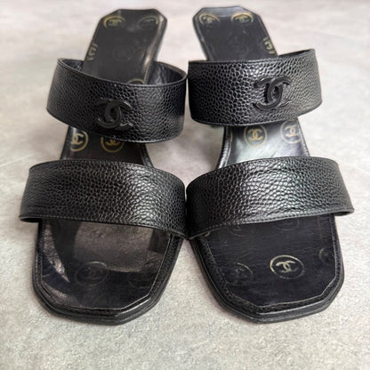 Chanel Coco Mark Caviar Skin Sandals Black Leather 36 23cm (9.06in) Mules