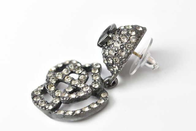 Chanel Earrings Camellia Motif With Coco Mark Rhinestones In Chrome Silver
