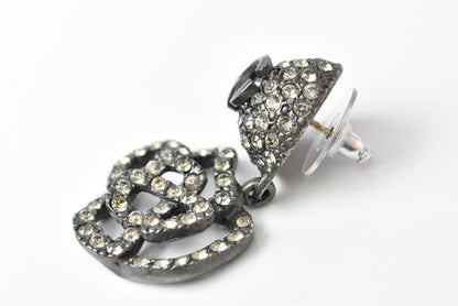 Chanel Earrings Camellia Motif With Coco Mark Rhinestones In Chrome Silver