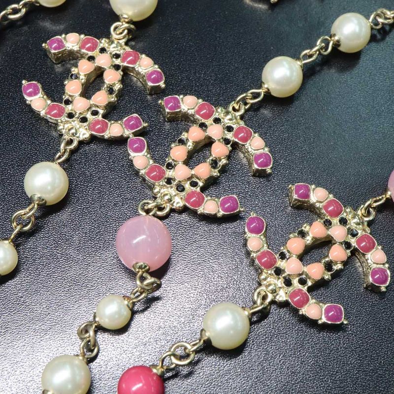 Chanel 3coco Mark Long Chain Necklace Pearl Multicolor Stone Gold