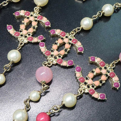 Chanel 3coco Mark Long Chain Necklace Pearl Multicolor Stone Gold