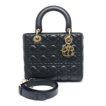 Dior Christian Dior Lady Dior Medium Bag Canage Black Gold Hardware 2WAY