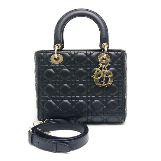 Dior Christian Dior Lady Dior Medium Bag Canage Black Gold Hardware 2WAY