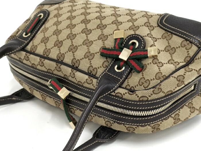 Gucci Shoulder Bag Sherry Line GG Canvas Leather Beige Dark Brown 161720