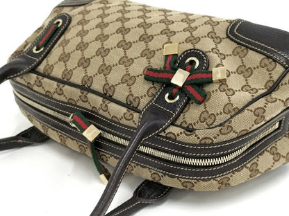 Gucci Shoulder Bag Sherry Line GG Canvas Leather Beige Dark Brown 161720