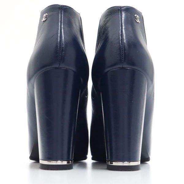 Chanel Short Boots 36 Side Gore Leather Navy Coco Mark Chanel
