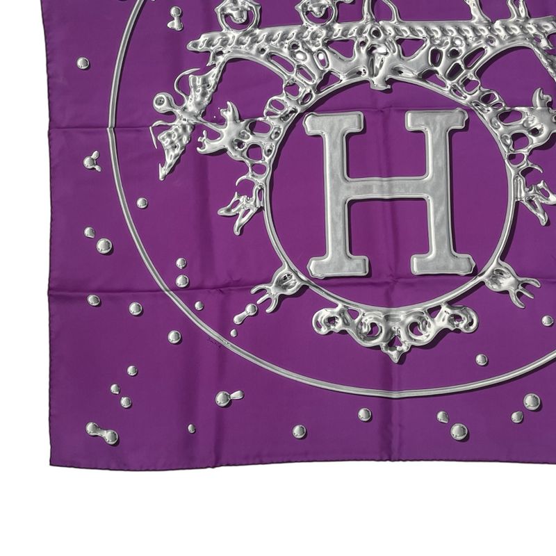 Hermes Carre 90 VIF Argent Silver Drop Orange Silk Scarf With Purple Box