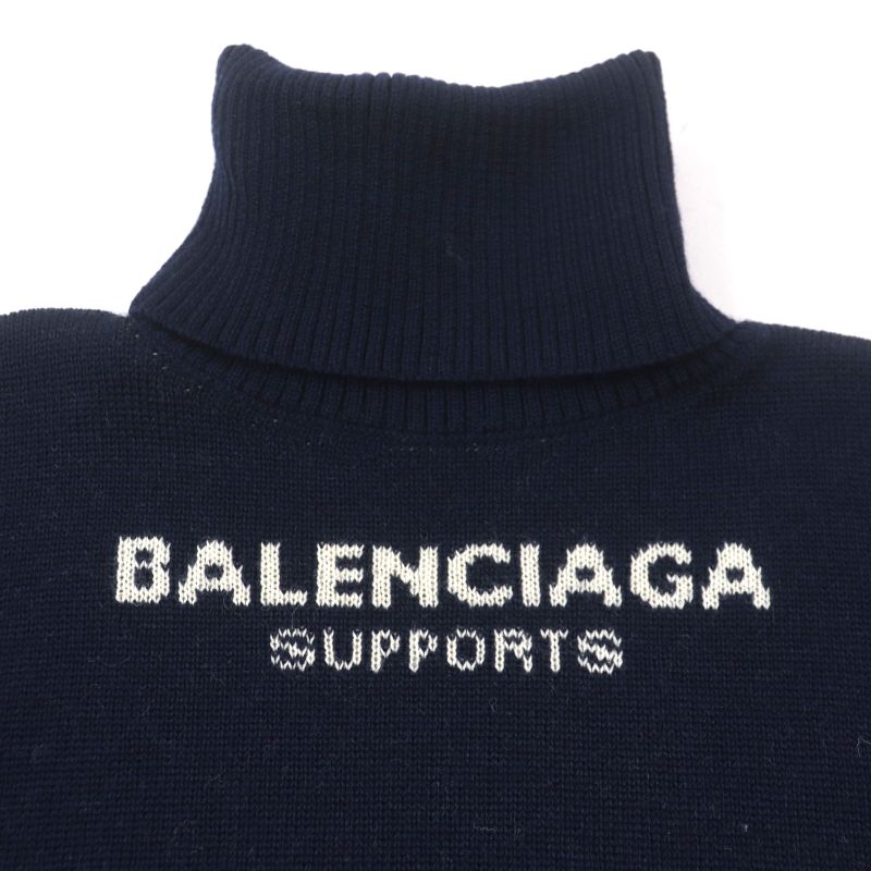 Balenciaga 542688 100% Wool WFP Logo Oversized Turtleneck Knit Sweater Navy S
