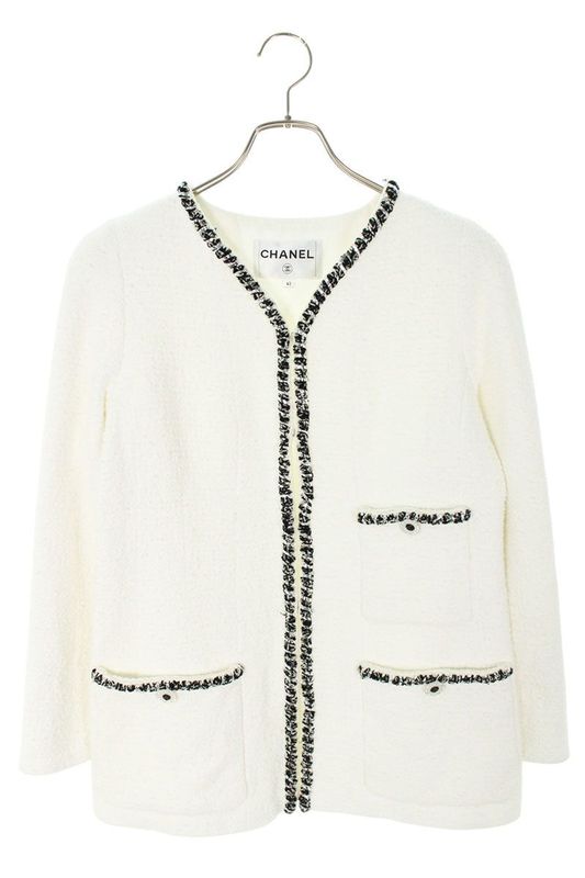 Chanel P72407v64049 Camellia Button No Collar Tweed Jacket Ladies 42