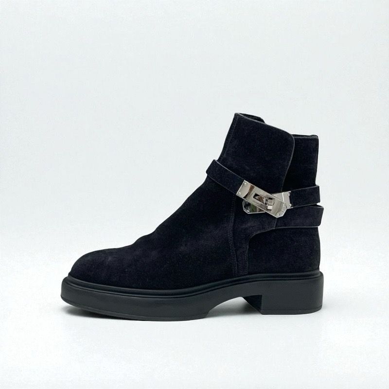 Hermes Veo Boots Short Boots Shoes Suede Mouton Black Silver Kelly Hardware