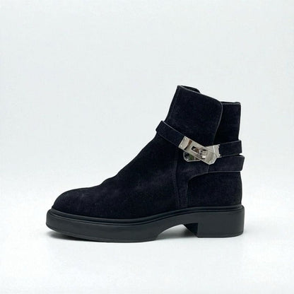 Hermes Veo Boots Short Boots Shoes Suede Mouton Black Silver Kelly Hardware