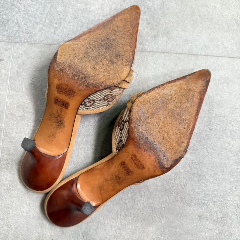 Gucci Horsebit Pumps GG Canvas Beige Gold Hardware 34 1 2 C Women's Shoes