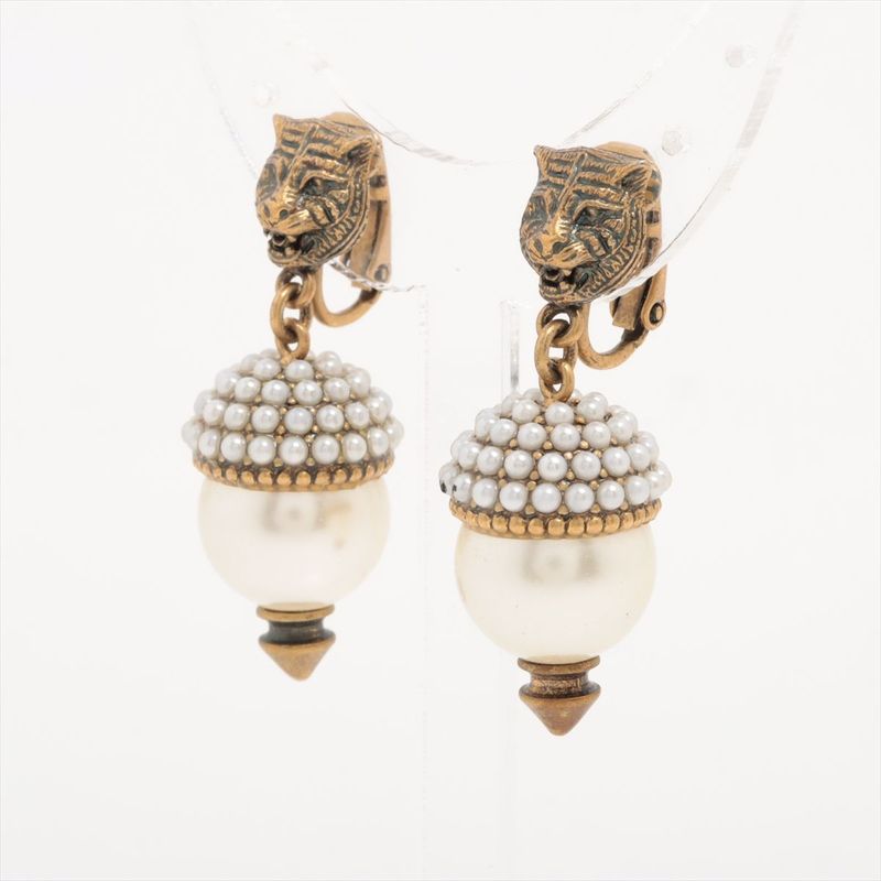 Gucci Taiga Head Earrings In GP And Faux Pearl Gold Made In Italy