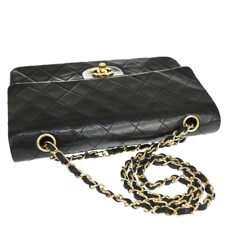 Chanel Matelasse Double Flap Chain Shoulder Bag Black Gold Hardware 898bs154