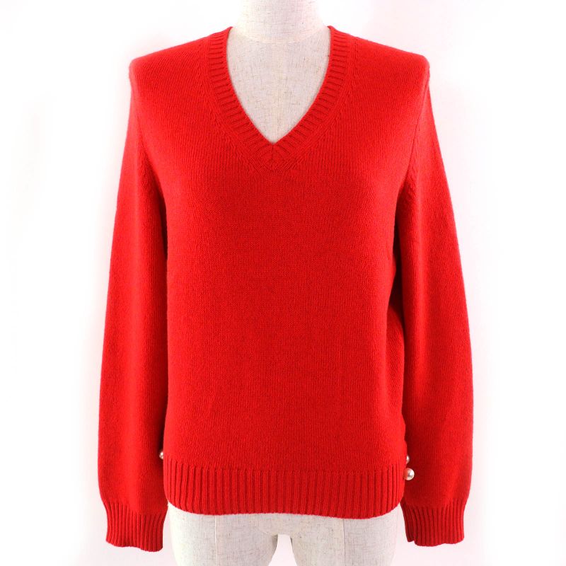 CHANEL P57305 100% Cashmere Coco Mark Pearl V-neck Long Sleeve Knit Sweater Red