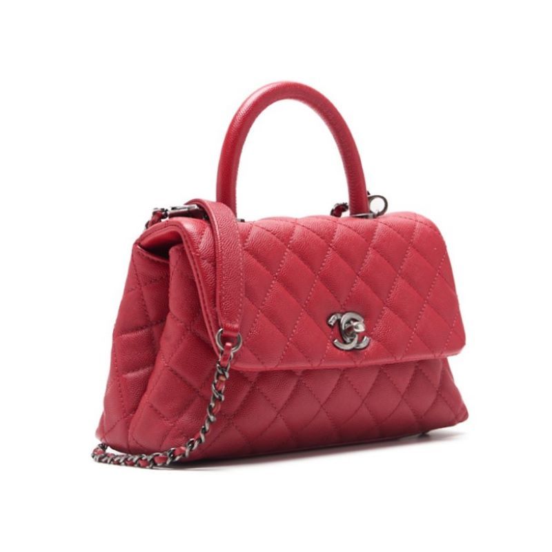 Chanel Matelasse Coco Handle 2WAY Handbag Caviar Skin Red With Silver Hardware