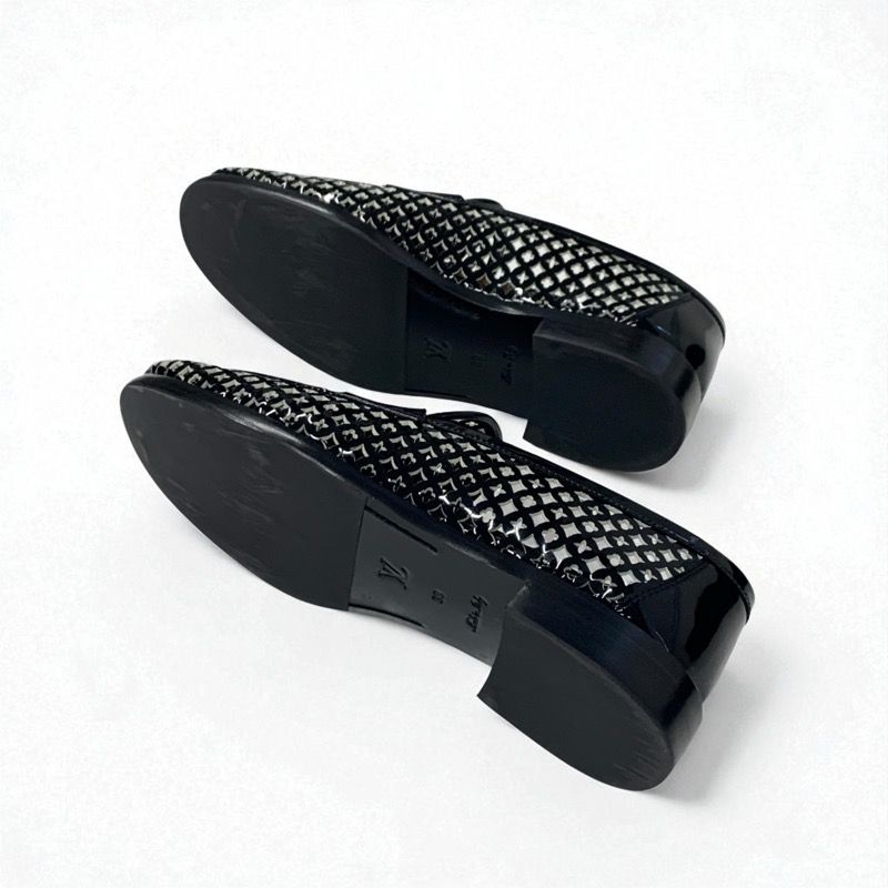 Louis Vuitton Chess Line Monogram Loafers Leather Shoes Patent Black Gold Logo