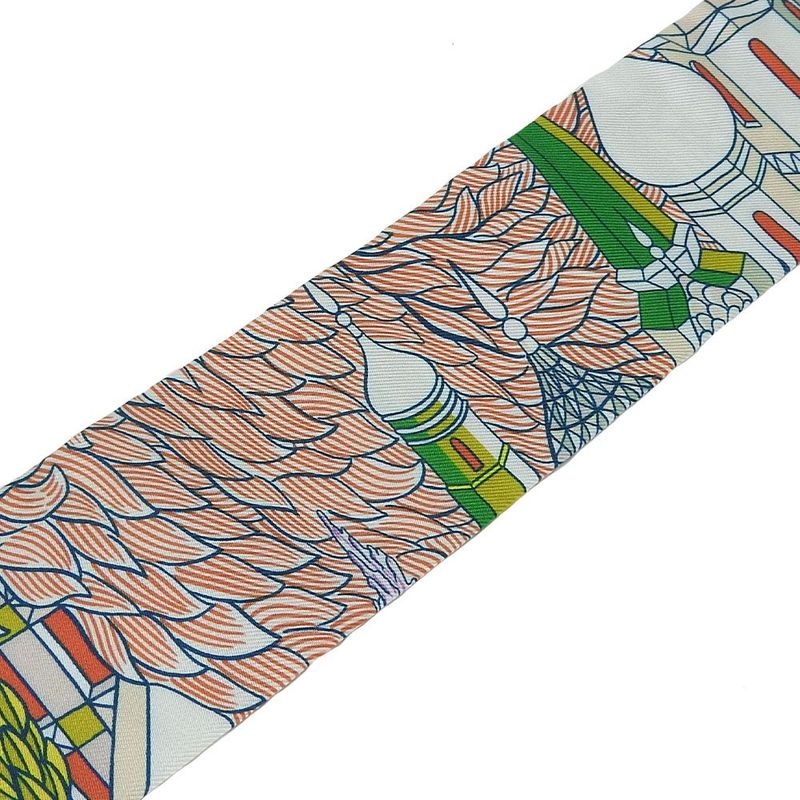 Hermes Twille Scarf 100% Silk Animapolis White Green Pink Multicolor Small