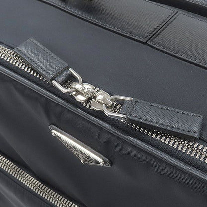 Prada Carry Bag Triangle Logo Carry Case Nylon Leather Navy Silver Hardware