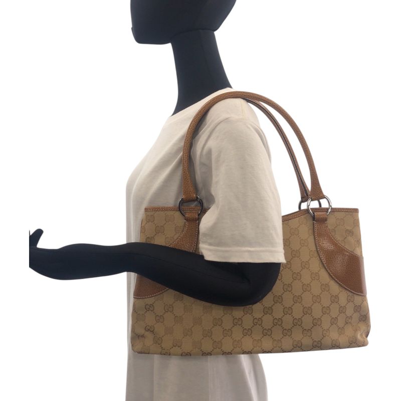 Gucci Beige Brown Silver Hardware GG Canvas 113015 Tote Bag Shoulder Bag Women