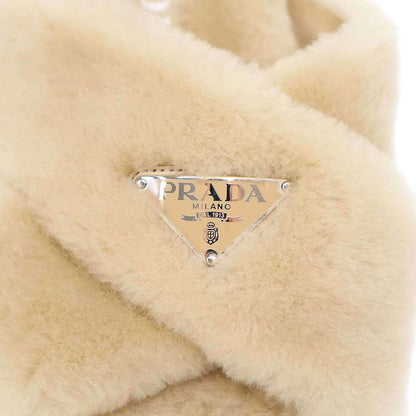 Prada Logo Plate Sheepskin Fur Sandals Beige 36