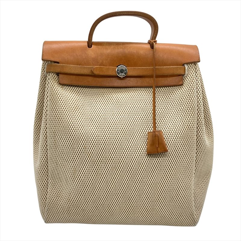 Hermes Herbag A Dos Backpack Toile GM □G Engraved Beige Silver Hardware Women