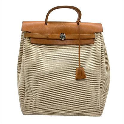 Hermes Herbag A Dos Backpack Toile GM □G Engraved Beige Silver Hardware Women