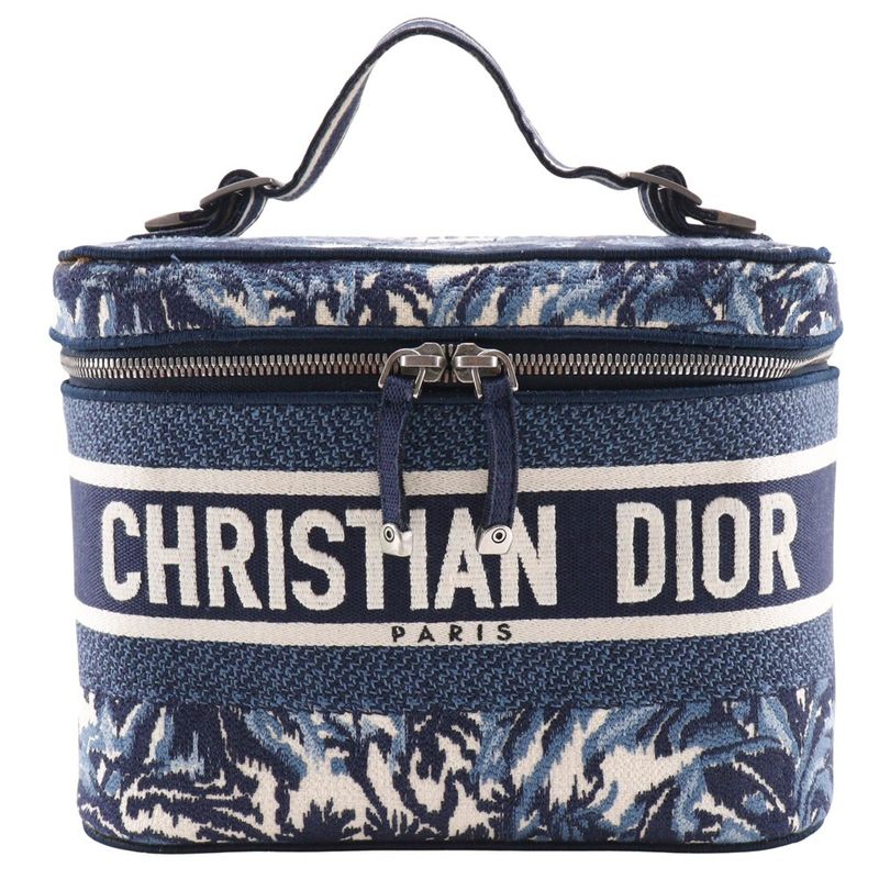 Dior Travel Vanity Palms Embroidery Canvas Navy Blue/white Ladies Handbag
