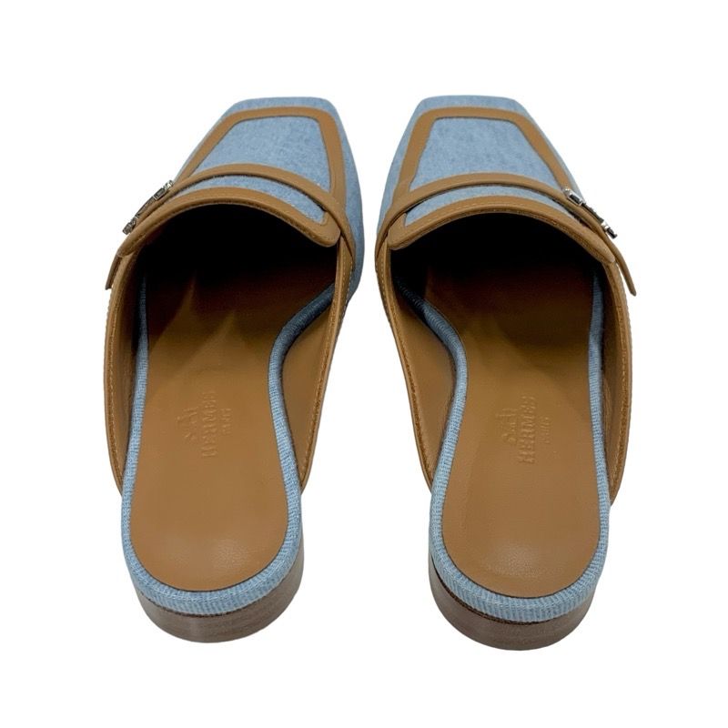Hermes Groupie Flat Shoes Denim Leather Light Blue Brown Unused Mule Slipper