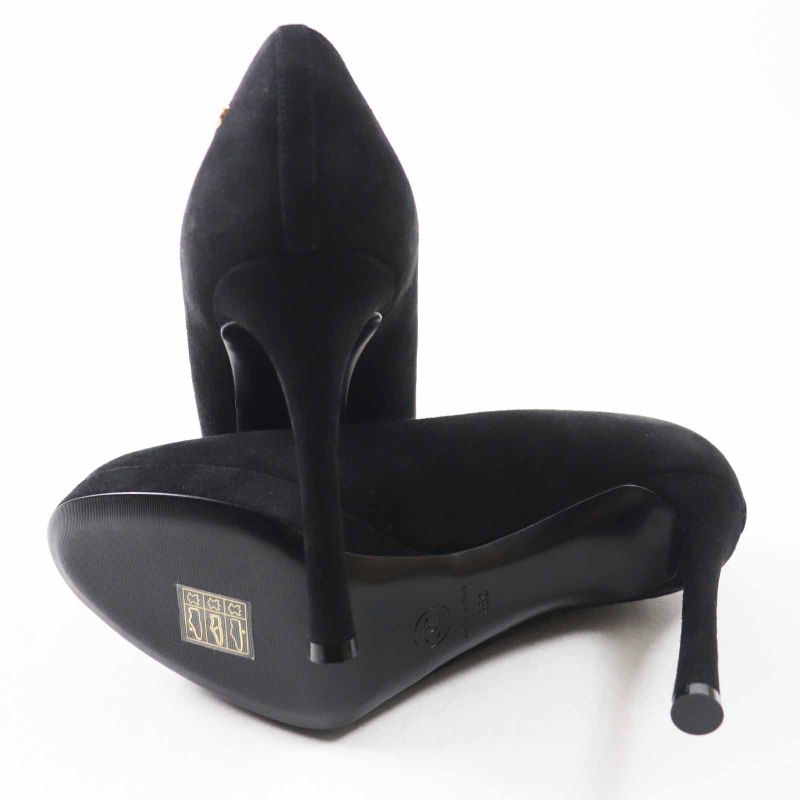 CHANEL 23K G45288 Pin Heel Suede Leather Pumps With Rhinestone Coco Mark Black