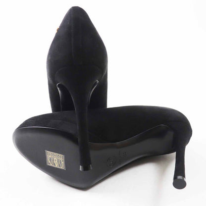 CHANEL 23K G45288 Pin Heel Suede Leather Pumps With Rhinestone Coco Mark Black