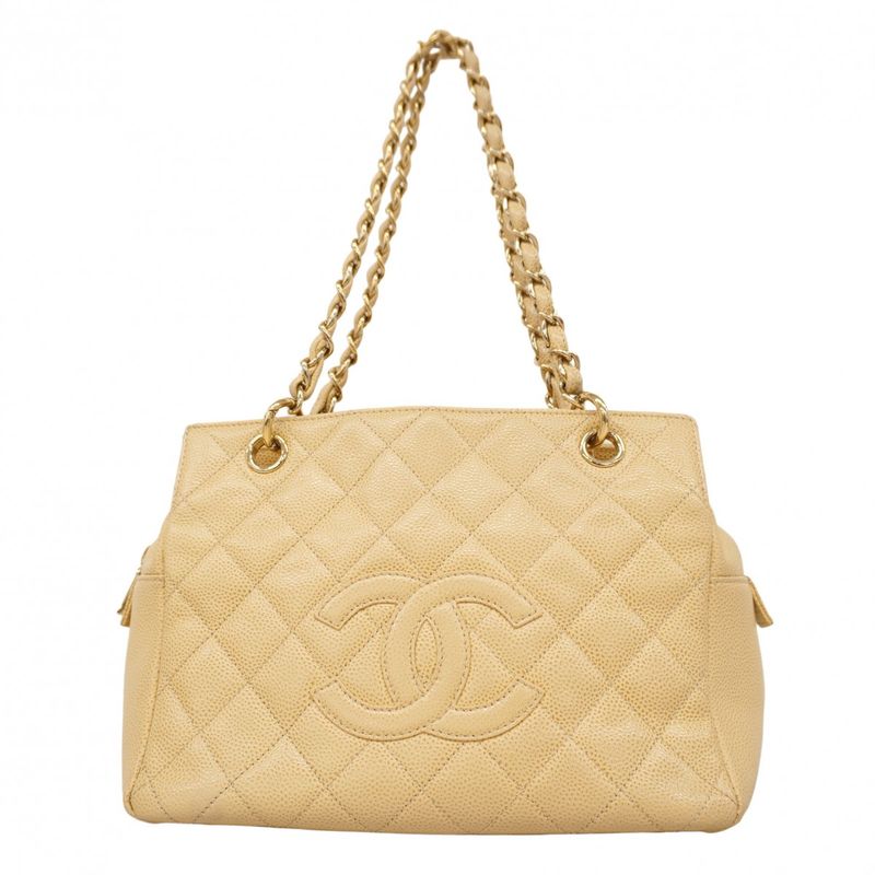 Chanel Shoulder Bag Matelasse Caviar Skin Beige Chien Pan Gold Hardware Women