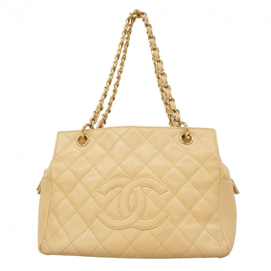 Chanel Shoulder Bag Matelasse Caviar Skin Beige Chien Pan Gold Hardware Women