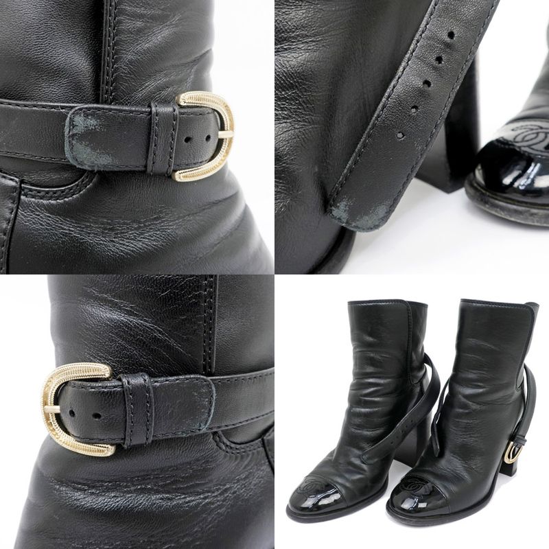 Chanel Ankle Boots 34 1 2C Black G38064 Leather Patent CC Mark Shoes
