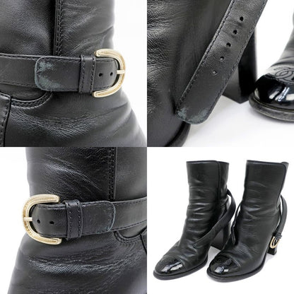 Chanel Ankle Boots 34 1 2C Black G38064 Leather Patent CC Mark Shoes