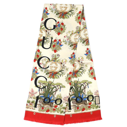 Gucci Silk In g Logo Floral Pattern Mini Fringe Scarf Ivory