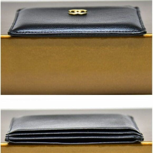 CHANEL CC Grained Leather Classic Card Holder Case Wallet Gold Black