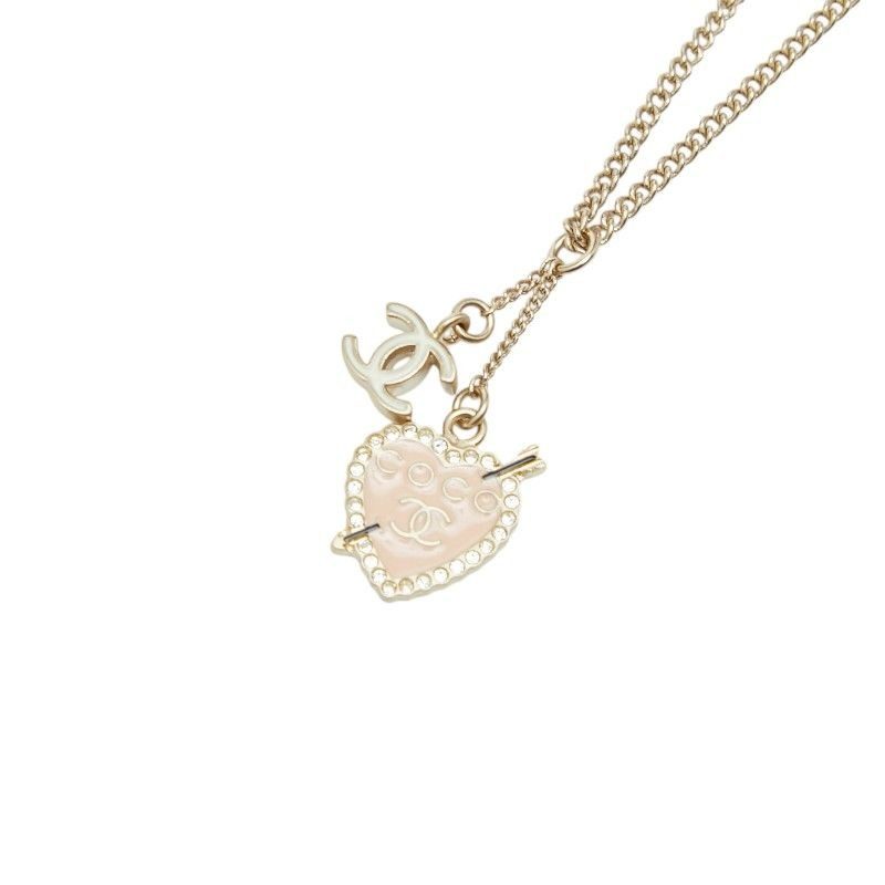 Chanel CC Logo Heart & Aro Line Stone Pendant Necklace Gold Pink Plated Enamel