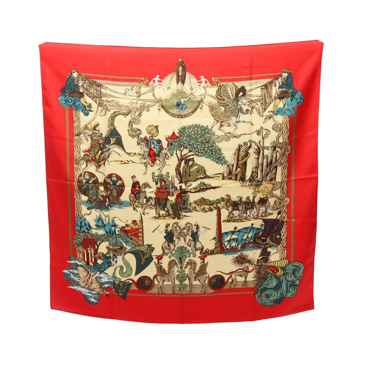 Hermes Scarf Carre 90 Au Fil de la Soie Red Silk Multicolor