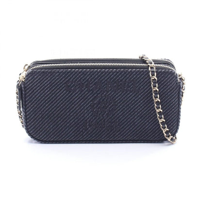 Chanel Shoulder Bag Deauville Black Fabric Leather Chain Wallet