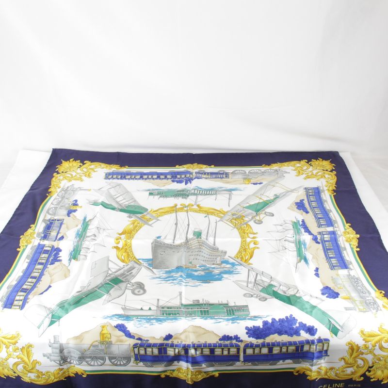 Celine Large Size 90 Blue Scarf Silk Women