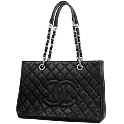 Chanel CC Logo Chain Tote Quilted Shoulder Caviar Leather Black