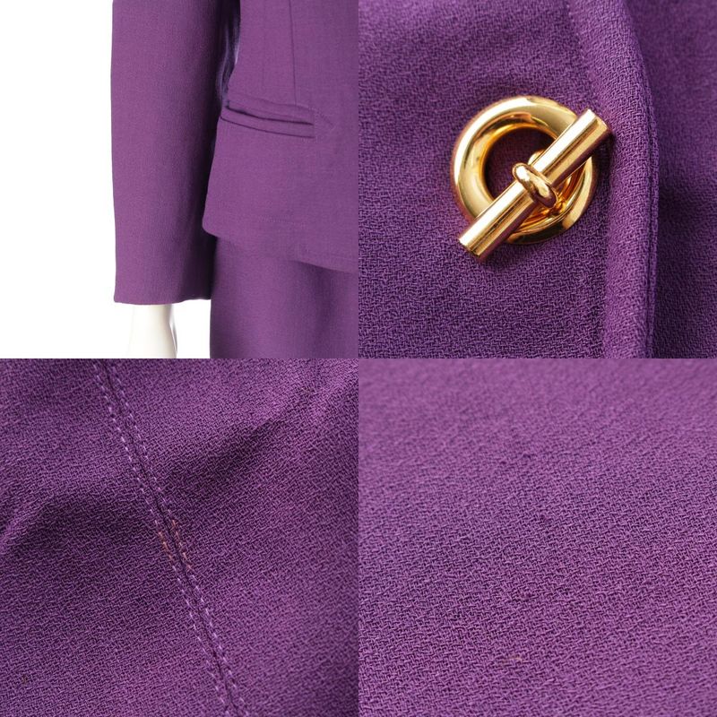 Hermes Wool Toggle T Bar Hardware Collarless Jacket Skirt Setup Purple Gold