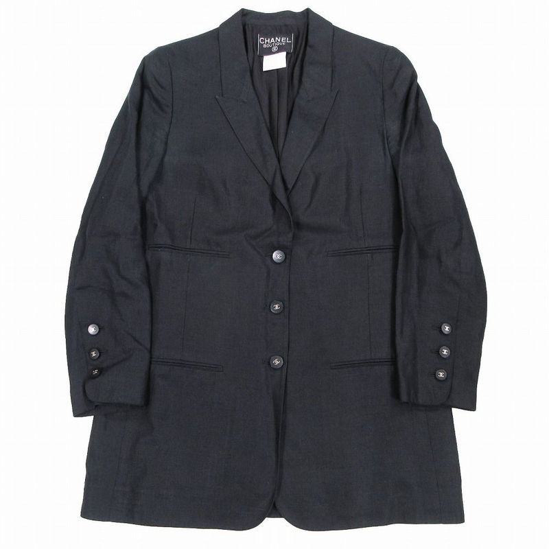 Chanel Coco Button 96p Linen Tailored Jacket Peaked Lapel Size M Ladies Black