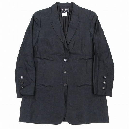 Chanel Coco Button 96p Linen Tailored Jacket Peaked Lapel Size M Ladies Black