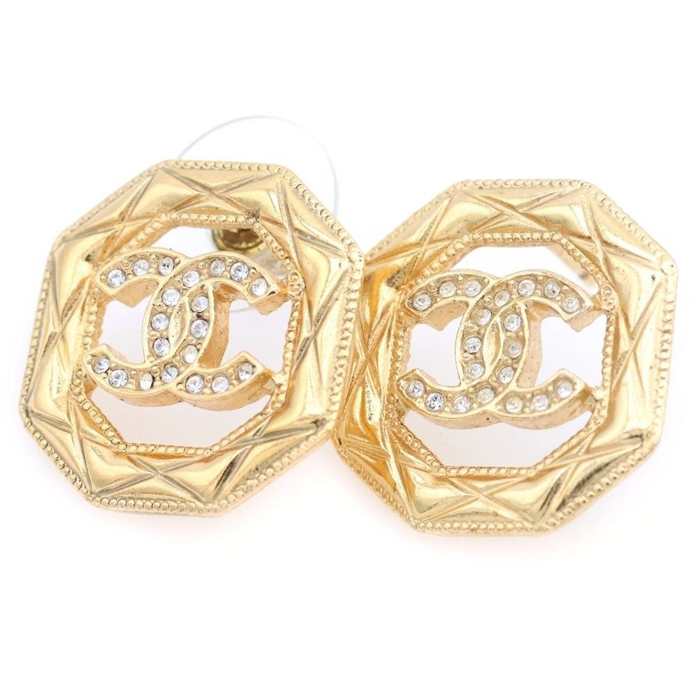 Chanel CC Logo Octagon Strass Rhinestone Earrings Gold