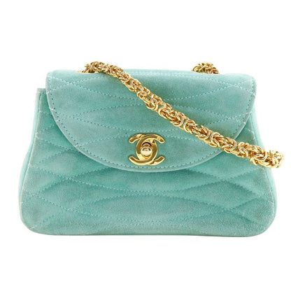 Chanel Chain Handbag Coco Mark Vintage Suede Green Ladies Handbag