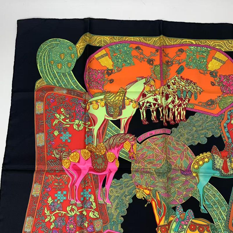 Hermes Carre 90 Artdessteppes Step Art Scarf Black Silk Black