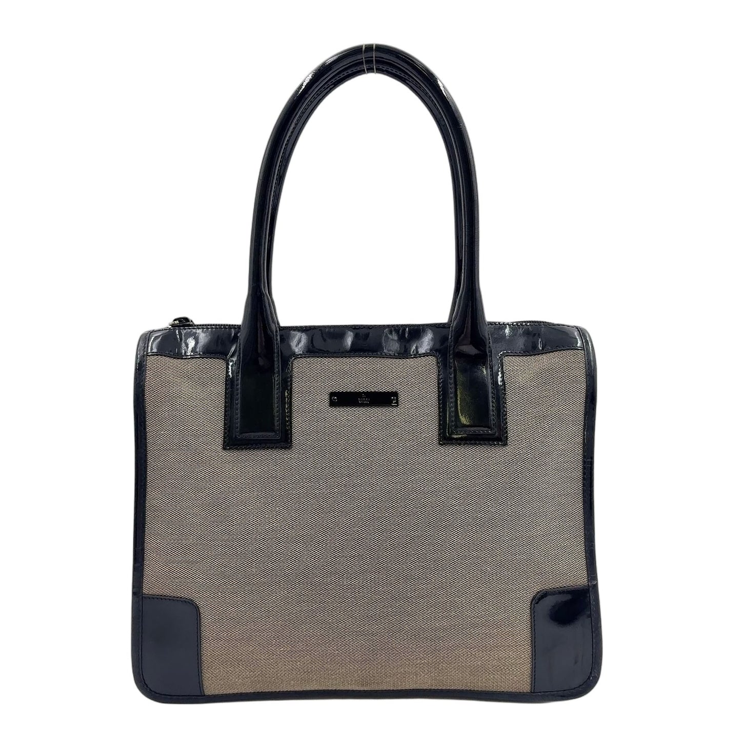 Gucci GG Canvas Enamel Leather Log Plate Black Beige Handbag Silver