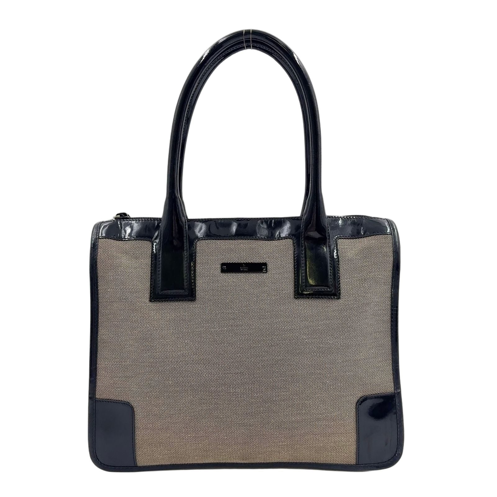 Gucci GG Canvas Enamel Leather Log Plate Black Beige Handbag Silver